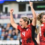 CanWNT Defender Shelina Zadorsky Celebrates Goal In One of CanWNT's Set Pieces